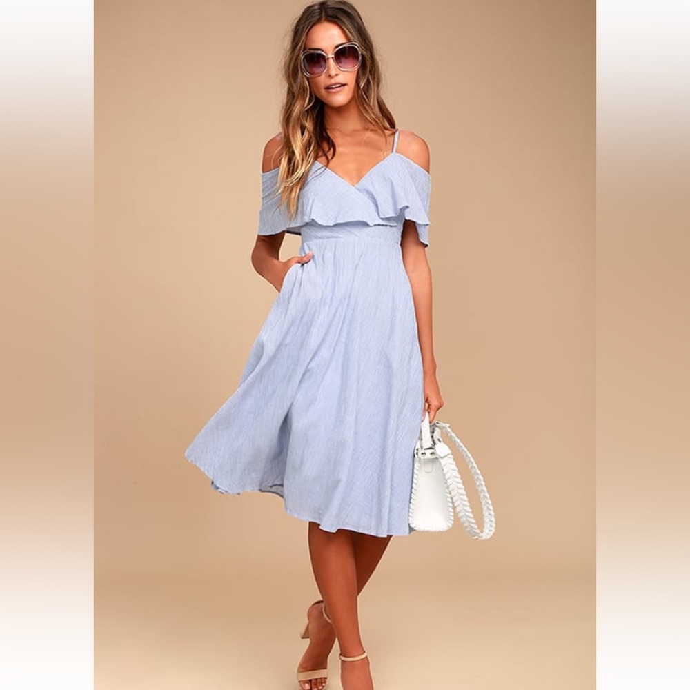 Lulus Yacht Rock Blue and White Striped Off-the-Shoulder Midi Dress